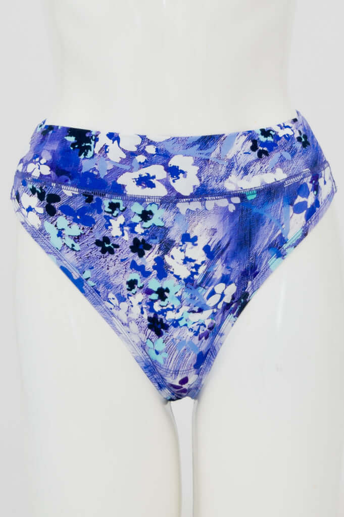 Front view of high rise thong underwear in blue floral bamboo fabric