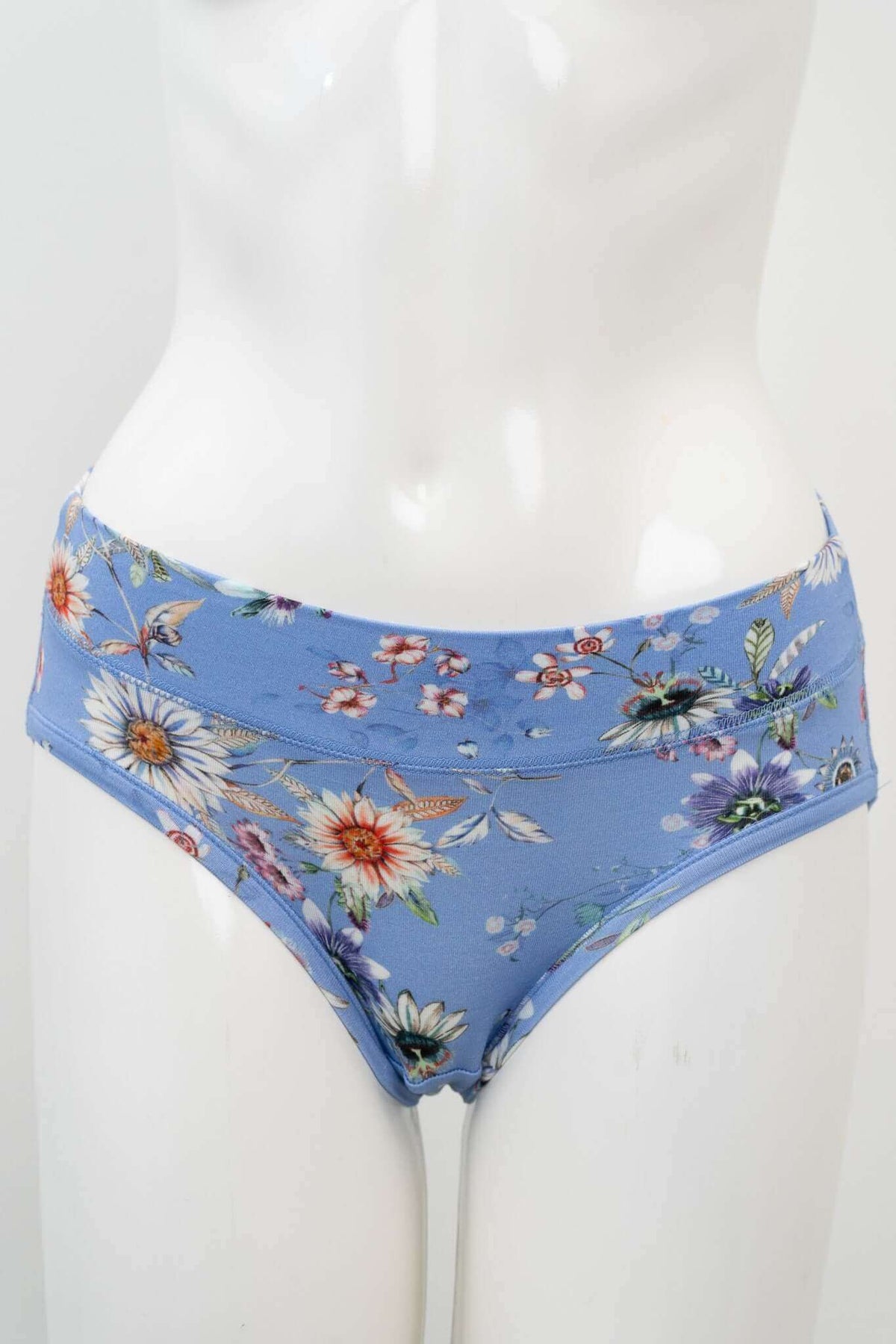 Front view of blue floral hipster underwear on a mannequin