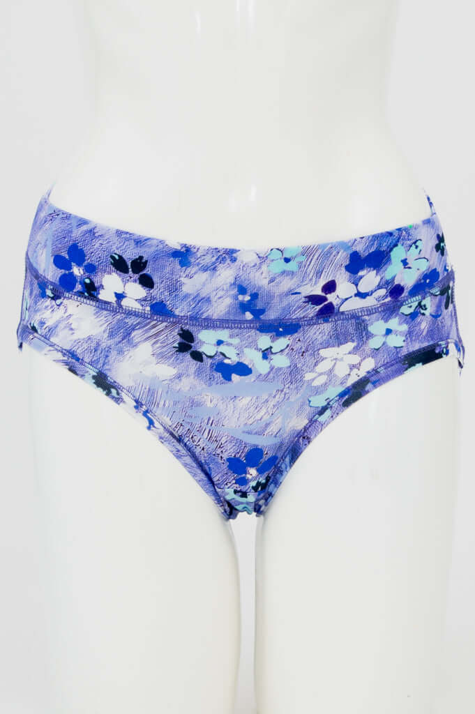 Front view of blue floral hipster underwear on mannequin
