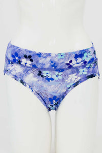 Front view of blue floral hipster underwear on mannequin