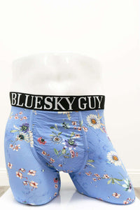 Front view of blue floral men's boxer briefs with wide BLUESKY GUY waistband