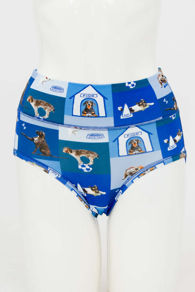 Front view of blue high-waisted brief with playful dog park print