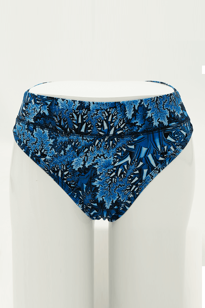 Front view of blue patterned high rise bamboo thong underwear on mannequin