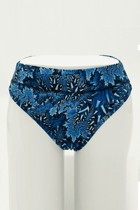 Front view of blue patterned high rise bamboo thong underwear on mannequin