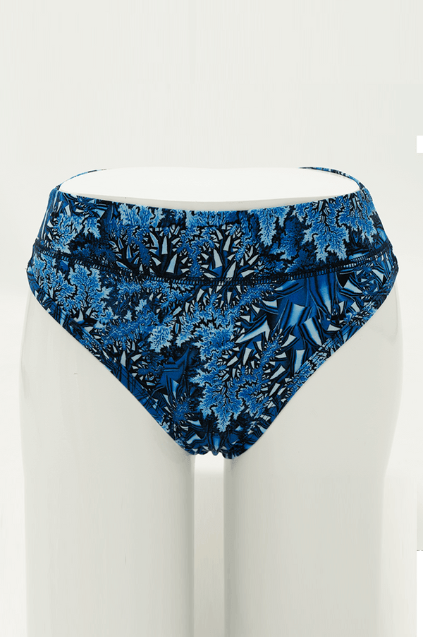 Front view of blue patterned high rise bamboo thong underwear on mannequin