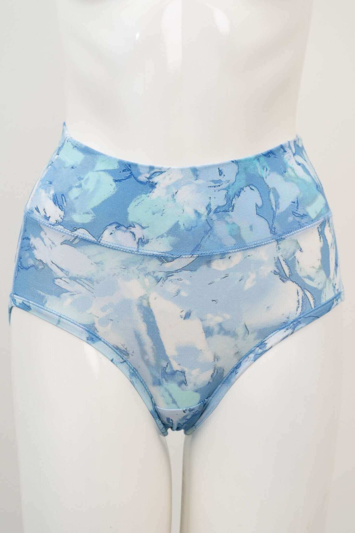 Front view of blue watercolor print high waist brief on mannequin