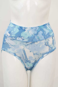 Front view of blue watercolor print high waist brief on mannequin
