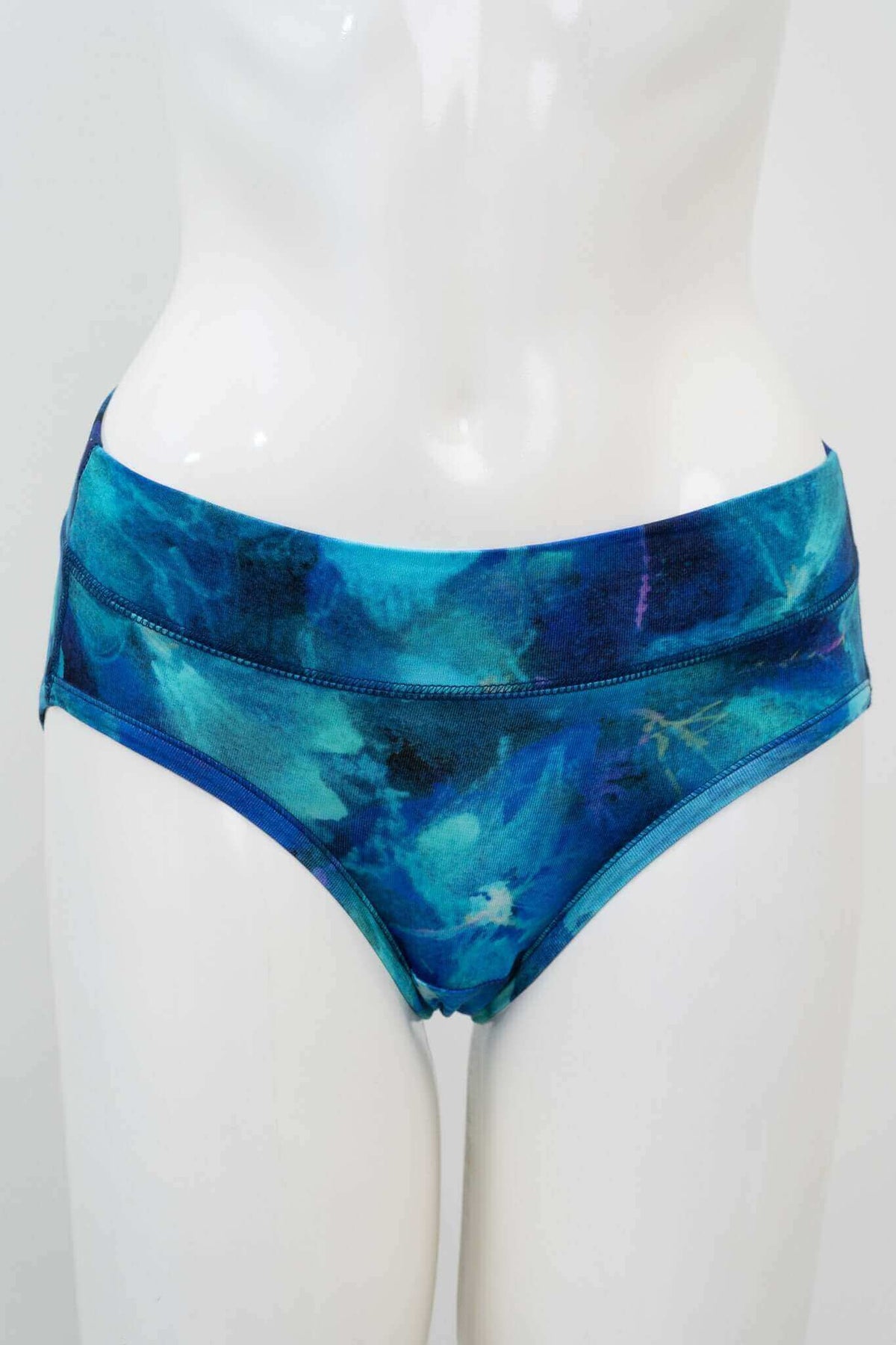 Front view of blue watercolour bamboo hipster underwear on mannequin