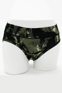 Front view of camouflage bamboo hipster brief on mannequin