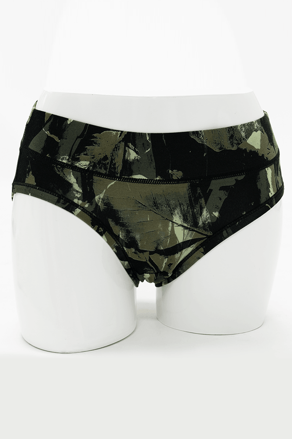 Front view of camouflage bamboo hipster brief on mannequin