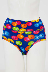 Front view of high-waist briefs with colorful pickleball design on mannequin