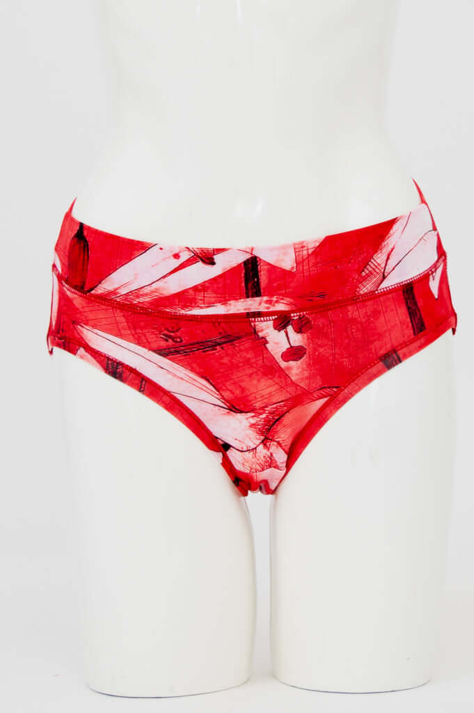 Front view of red hipster brief underwear with abstract feather print