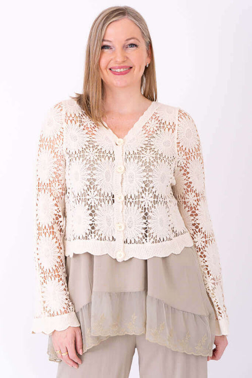 Front view of a woman wearing a cream crocheted cotton cardigan with scalloped edges