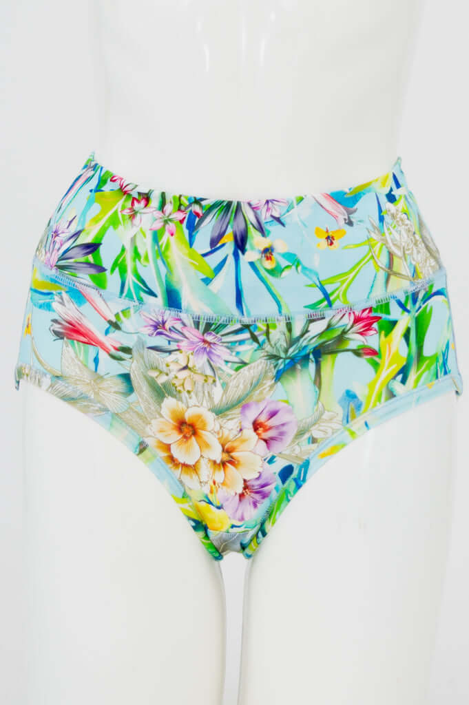 Front view of high-waist floral print brief underwear on mannequin