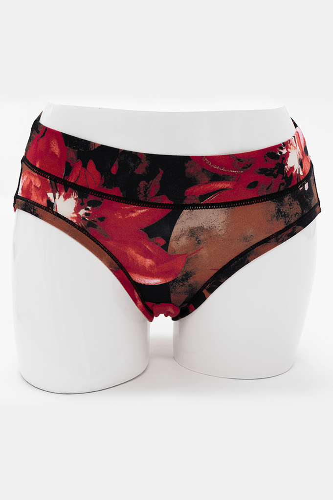 Front view of a floral print bamboo hipster brief on a mannequin