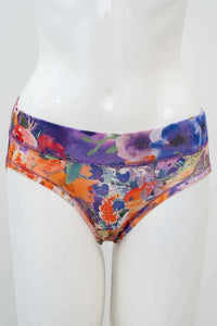 Front view of women's hipster underwear in a vibrant multicoloured floral print