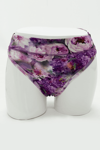 Front view of purple floral bamboo thong underwear on mannequin