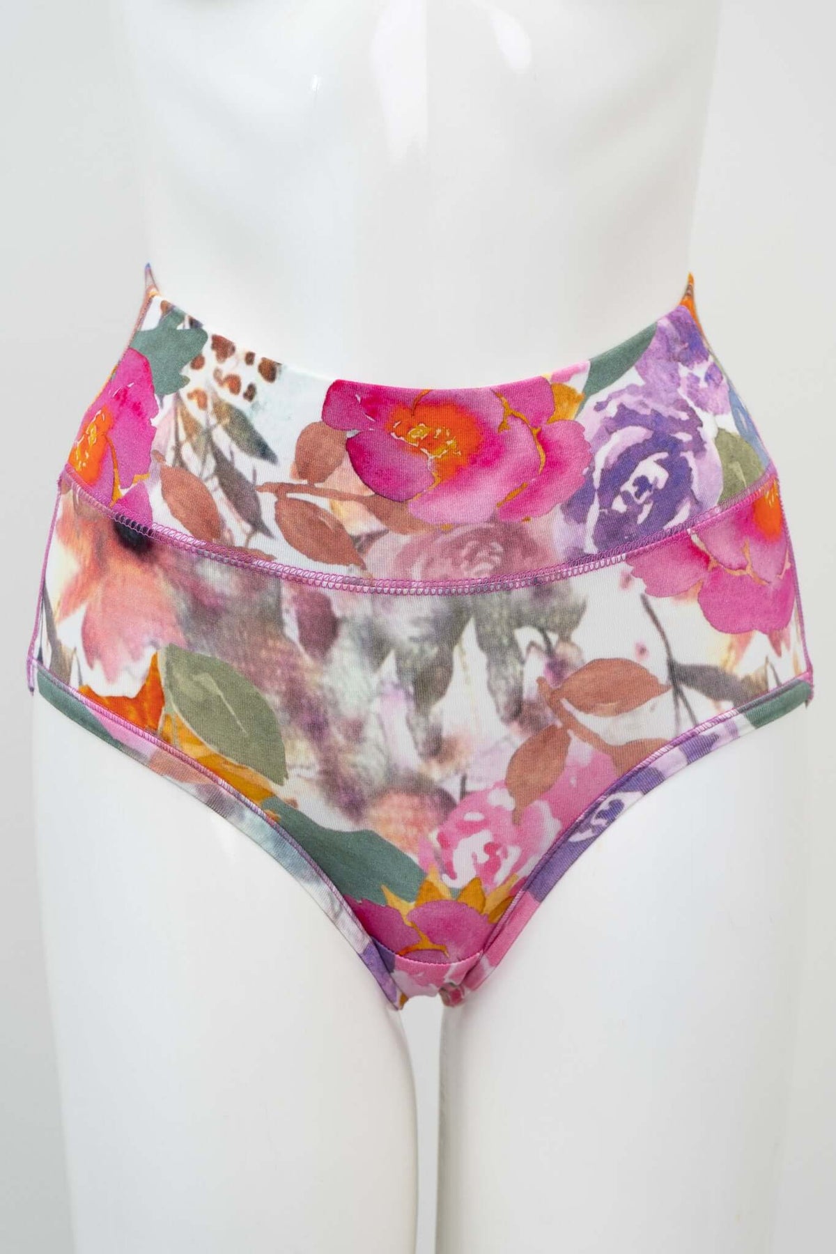 Front view of floral high-waisted bamboo brief on mannequin