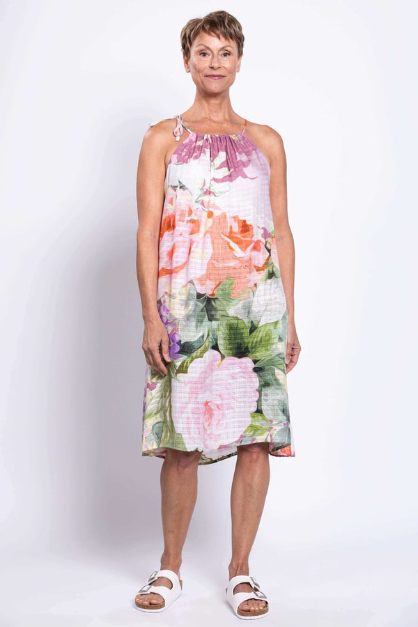 Front view of lightweight floral knee-length summer dress with adjustable neckline