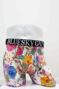 Front view of floral men's bamboo boxer briefs with BLUESKYGUY waistband