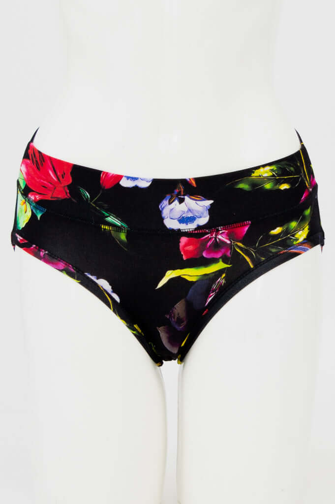 Front view of floral print hipster underwear on mannequin