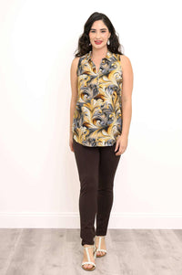 Woman in gold and black swirl print sleeveless tank standing straight, full body front view