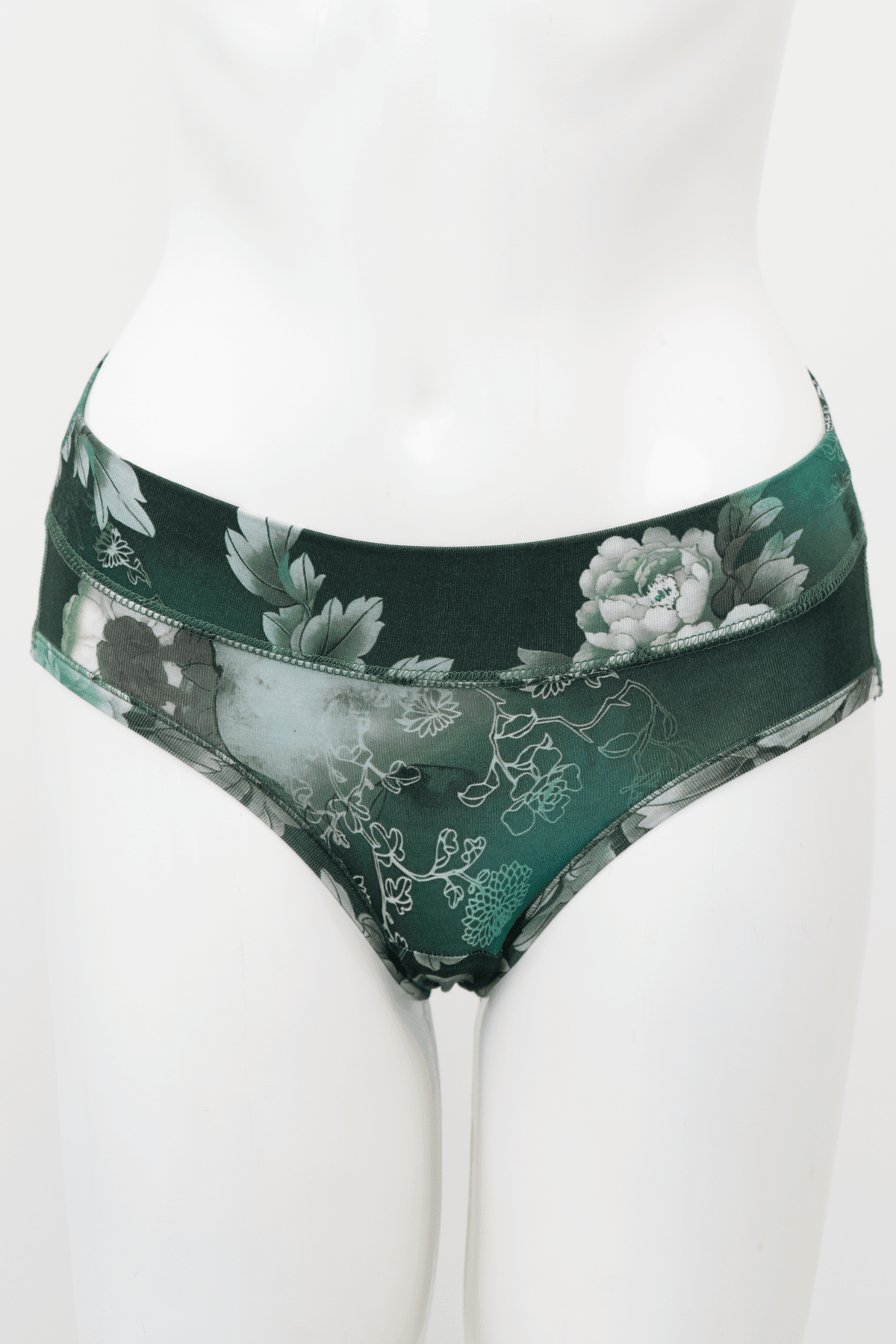 Front view of green hipster underwear with floral botanical print on mannequin