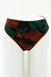 Front view of high-rise thong bamboo underwear in an abstract colorful pattern