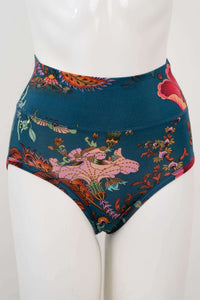 Front view of high-waist brief with vibrant botanical floral print