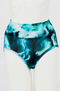 Front view of high-waisted brief with aqua marble print on mannequin
