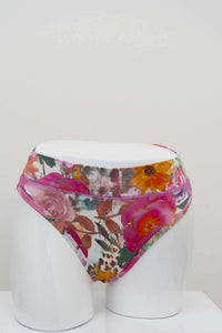 Front view of high rise floral bamboo thong on display mannequin