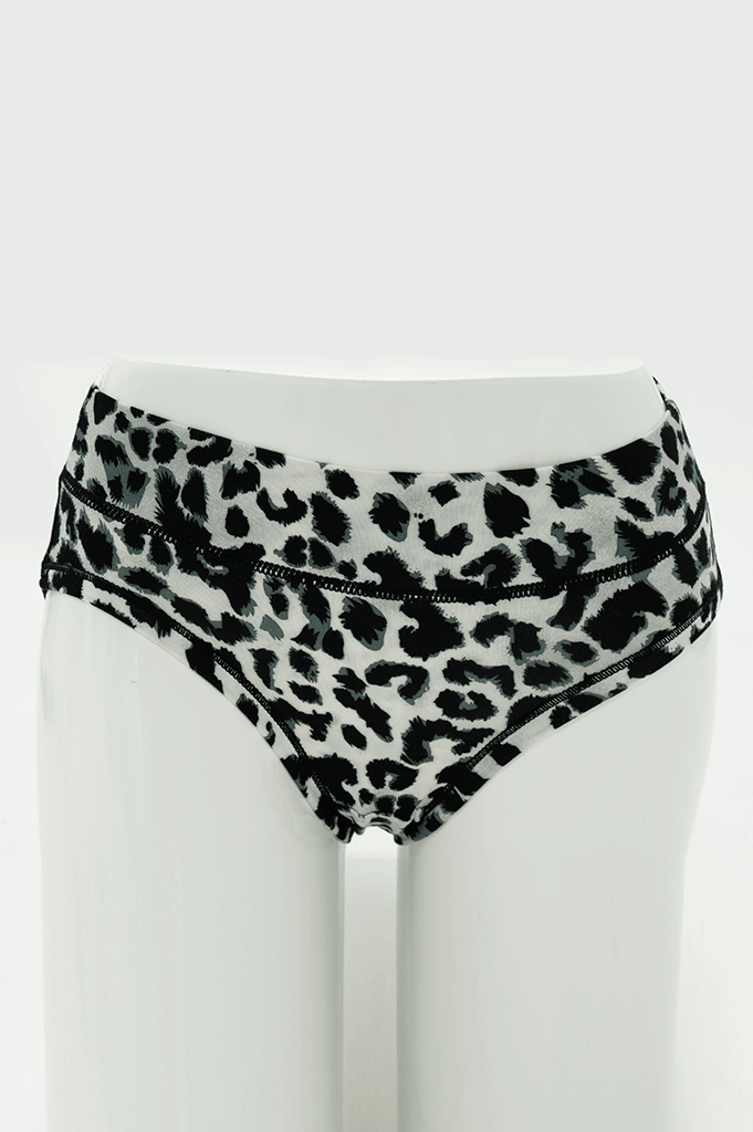Front view of leopard print bamboo hipster underwear on mannequin