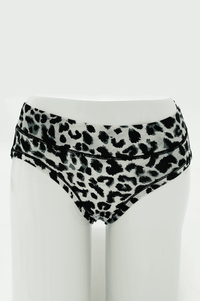 Front view of leopard print bamboo hipster underwear on mannequin