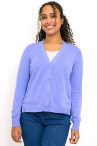 Front view of model wearing a light purple V-neck button-up cardigan