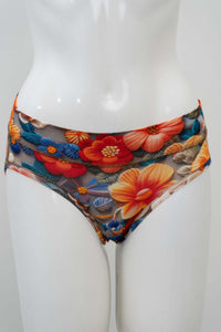 Front view of mesh floral briefs on mannequin