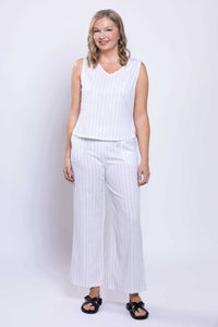 Front view of model wearing white striped wide-leg Parker Pant with sleeveless top
