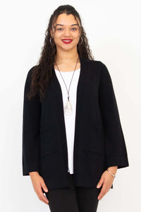 Front view of model wearing black Dallas Cardigan with patch pockets