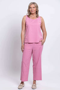 Model wearing pink cropped linen-blend Boardwalk Pants and matching sleeveless top, front view