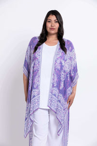 Front view of model wearing The Darcy Kimono Wrap in violet paisley print