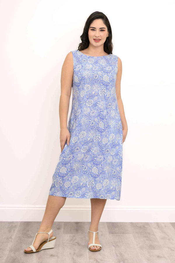 Front view of model wearing sleeveless blue floral Patricia Dress