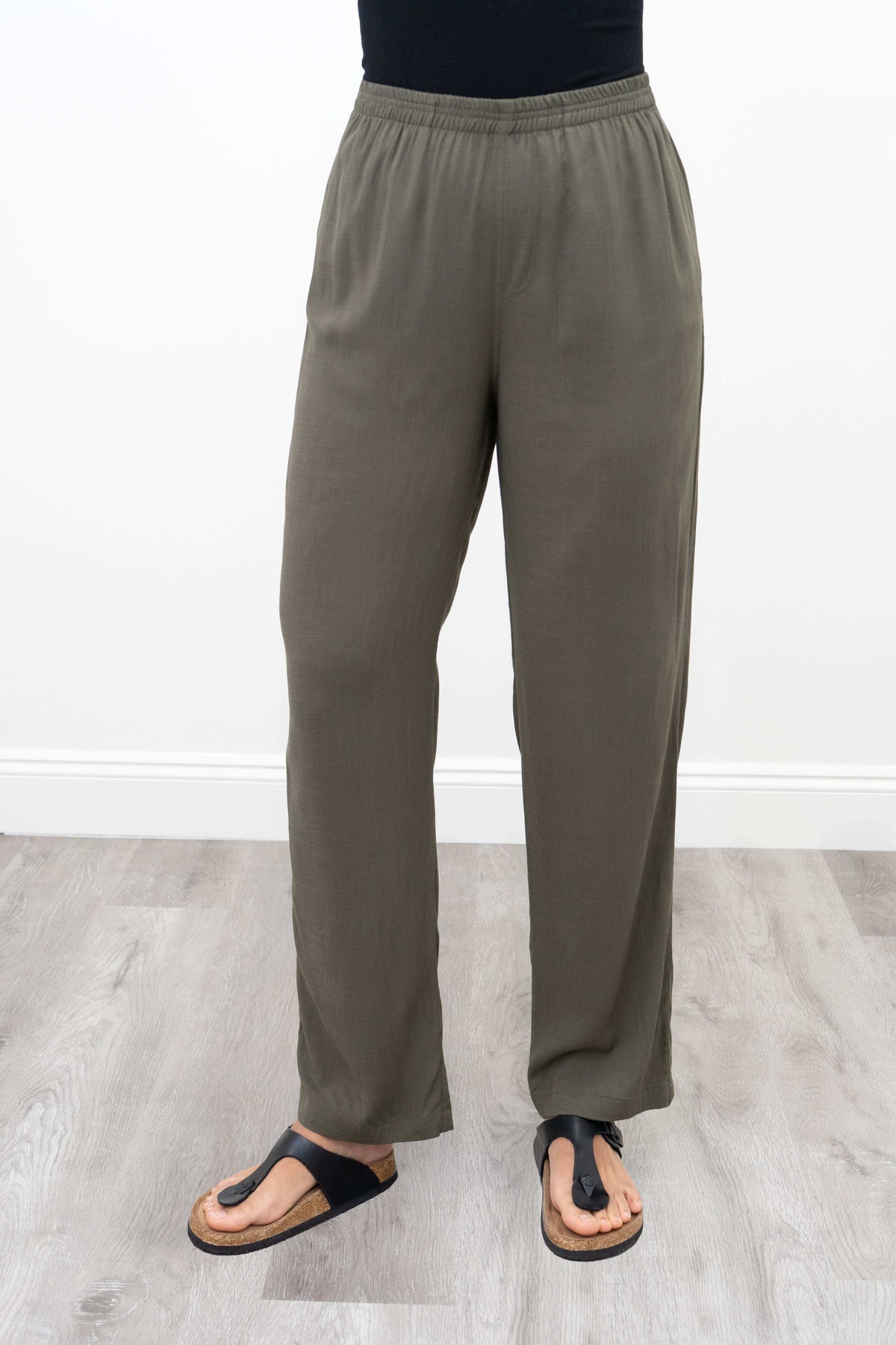 Front view of olive bamboo linen pants with elastic waistband
