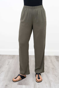 Front view of olive bamboo linen pants with elastic waistband