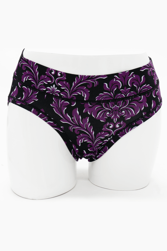 Front view of purple and black flourish print hipster underwear on mannequin