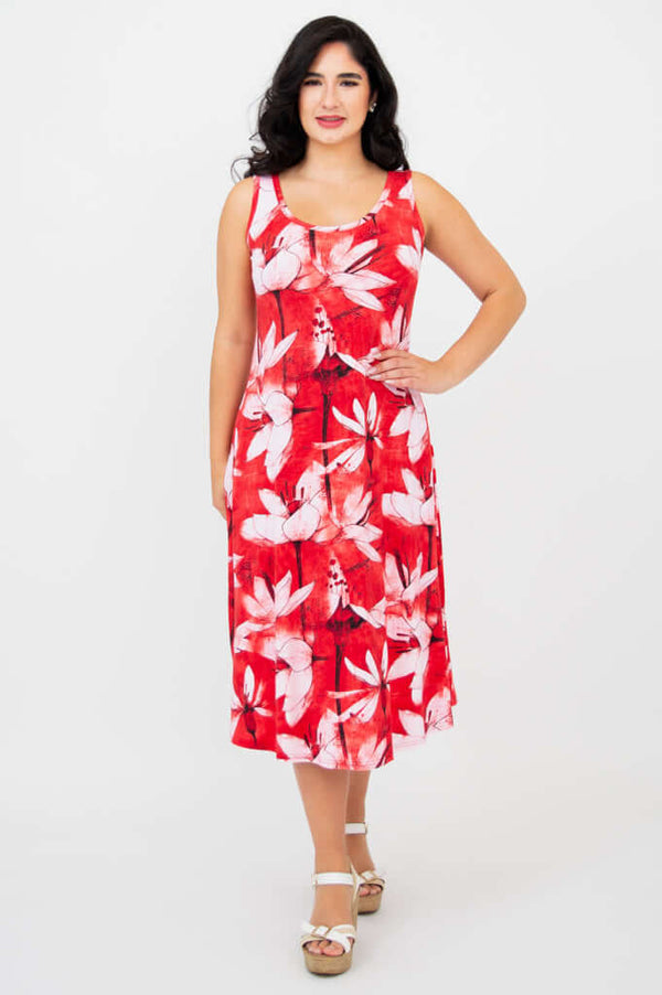 Front view of model wearing a red floral sleeveless tank dress
