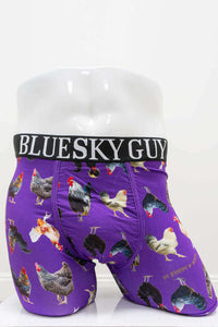 Front view of purple rooster print men's boxer briefs with wide waistband