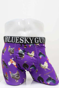 front view of purple rooster print men's boxer briefs on mannequin