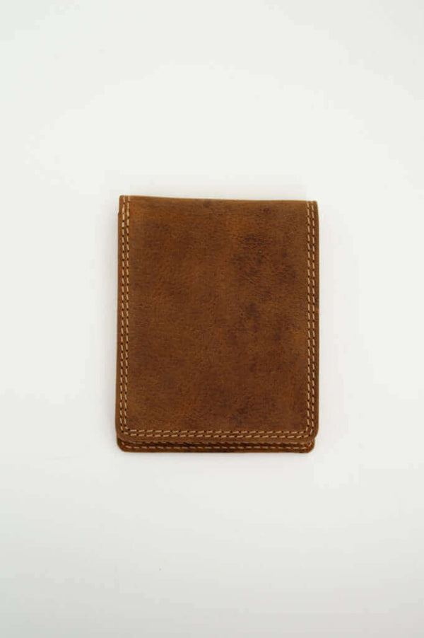 Front view of a slim brown leather wallet with visible stitching