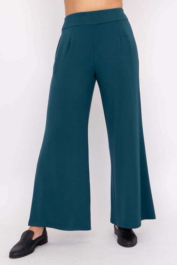 Front view of teal wide leg bamboo pants