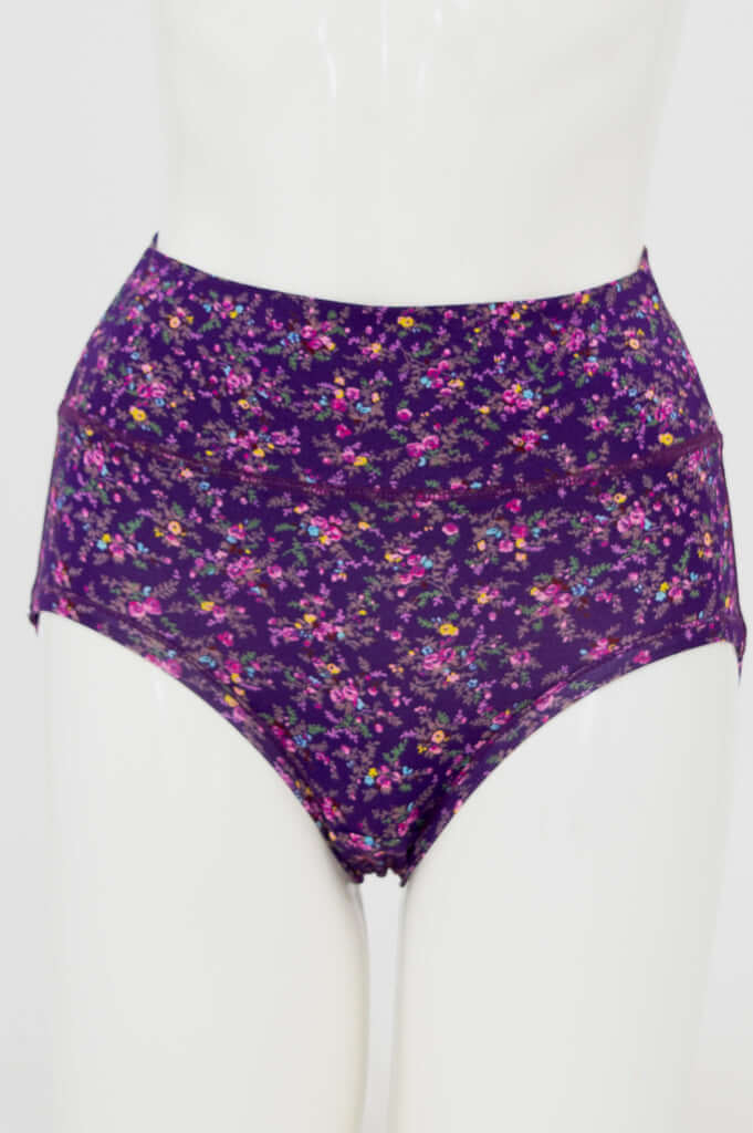 Front view of high-waisted violet floral brief on mannequin