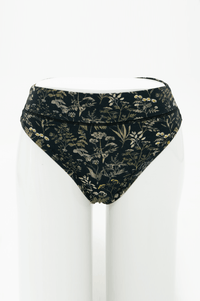Front view of high rise thong underwear in black with wildflower print